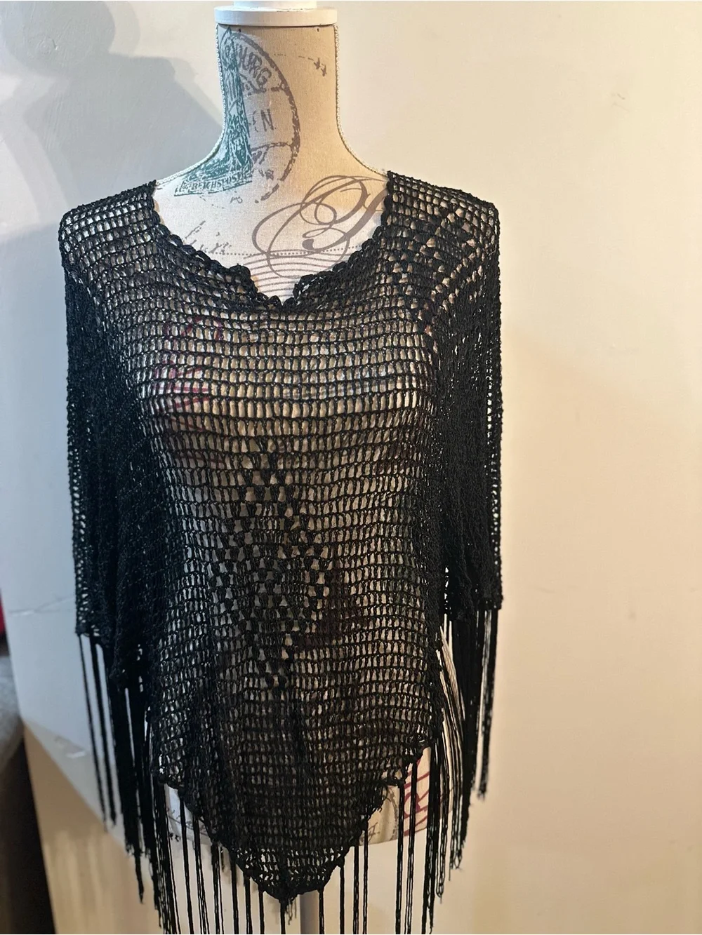 Reaction Kenneth Cole Black Crochet Fringe Poncho Shawl